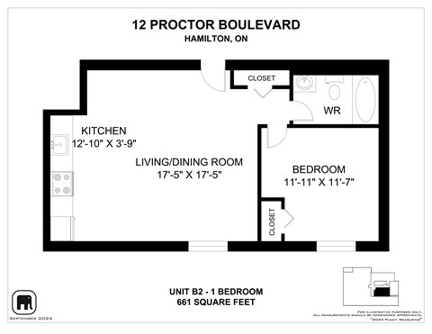 A floor plan for a unit at 12 Proctor Boulevard in Hamilton, Ontario.